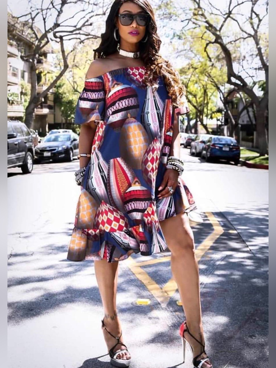 Msgm Printed Off Shoulder Flutter Short Sleeve Asymmetric Ruffle Hem Dress Euc